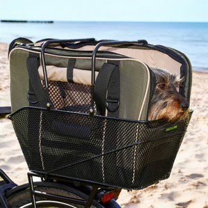Fahrradtasche in Fahrradkorb mit Dackel. Hintergrund ist blauer Himmel und der Strand mit einem ruhigen Meer