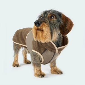 Leopold's Finest | Dackel trägt Hundemantel Fleece in Braun mit Softshellbrustlatz für Dackel und kleine Hunde