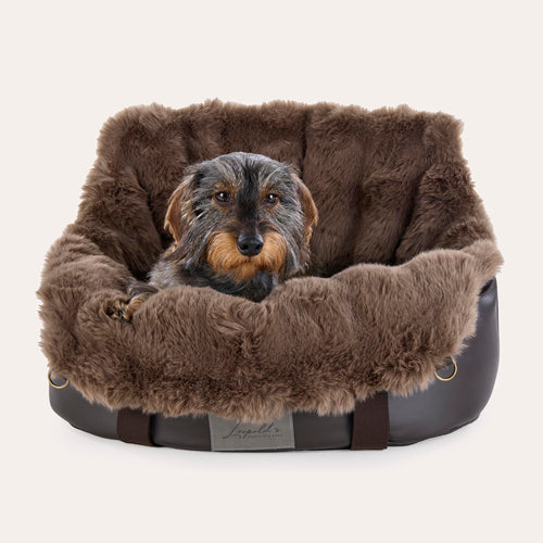Leopold's Finest Hundeautositz Cosy mit Webpelz für kleine bis mittelgroße Hunde in braun Größe S Ansicht mit Hund [braun] 
