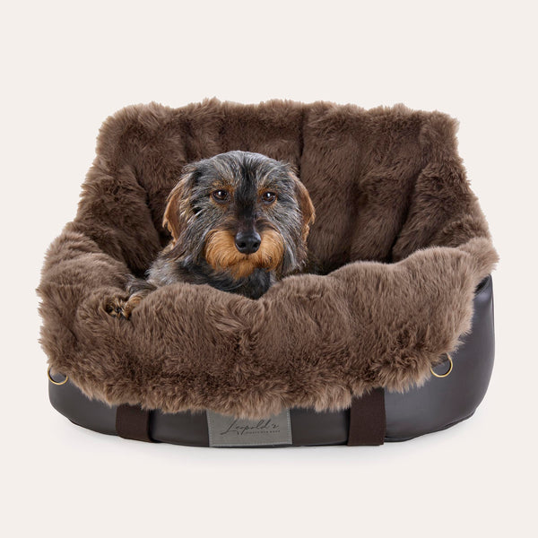 Leopold's Finest Hundeautositz Cosy mit Webpelz für kleine bis mittelgroße Hunde in braun Größe S Ansicht mit Hund [braun] 