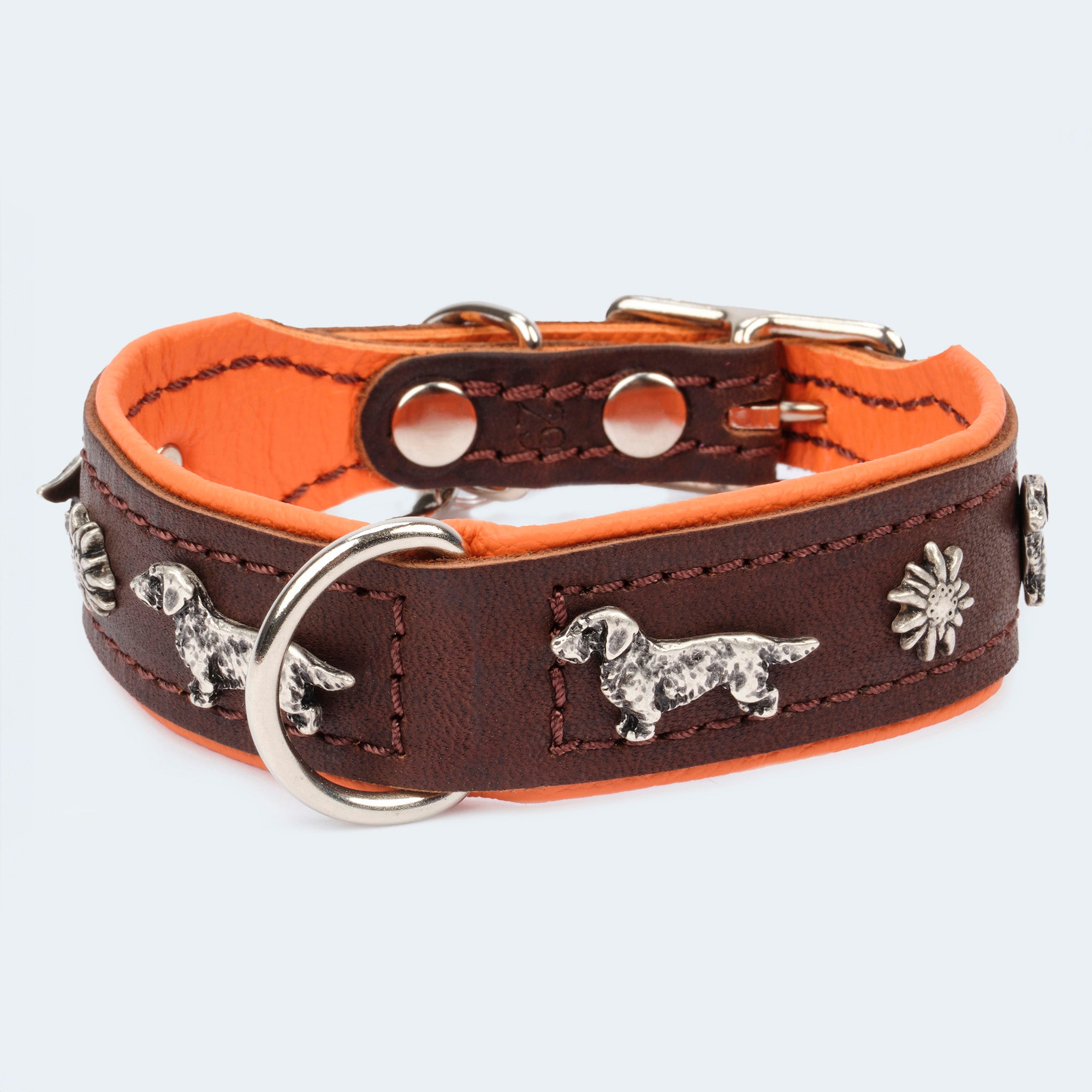 Dog collar leather dachshund dark brown/orange