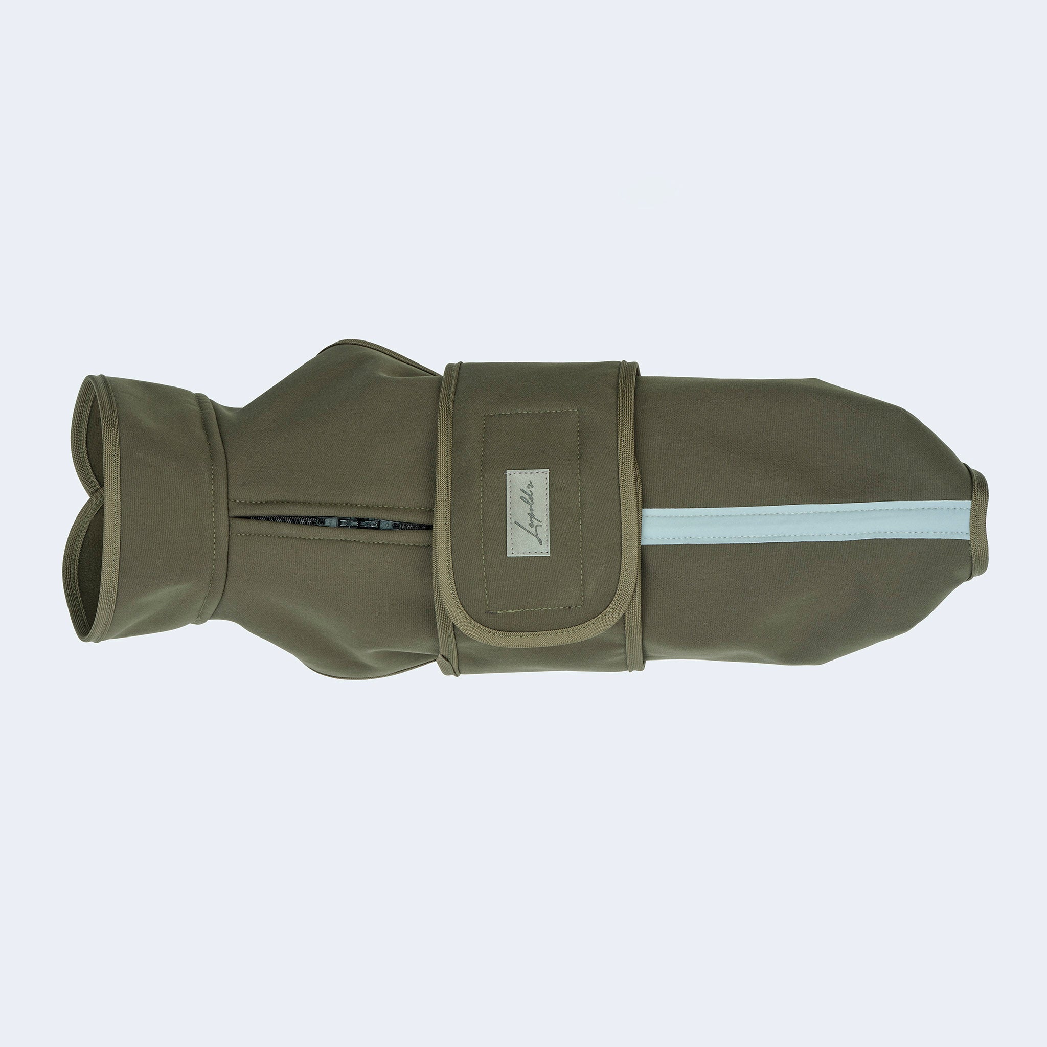 Leopold's Finest | Hundemantel Softshell für Dackel und kleine Hunde in oliv Ansicht von oben mit Reflexstreifen und zweiwegigem Reißverschluss