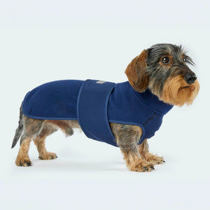 Leopold's Finest | Dackel trägt Hundemantel Fleece in Dunkelblau mit Softshellbrustlatz für Dackel und kleine Hunde