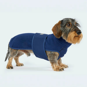 Leopold's Finest | Dackel trägt Hundemantel Fleece in Dunkelblau mit Softshellbrustlatz für Dackel und kleine Hunde