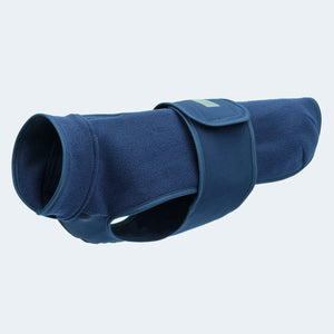 Leopold's Finest | Hundemantel Fleece in Dunkelblau mit Softshellbrustlatz Seitenansicht für Dackel und kleine Hunde