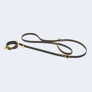 Leopold's Finest | Hundehalsband Leder dunkelbraun mit Karabiner aus Messing zusammen mit verstellbarer Hundeleine aus Leder dunkelbraun für Dackel und kleine Hunde 
