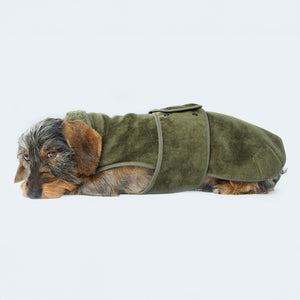 Leopold's Finest | Dackel liegt und trägt Hundebademantel