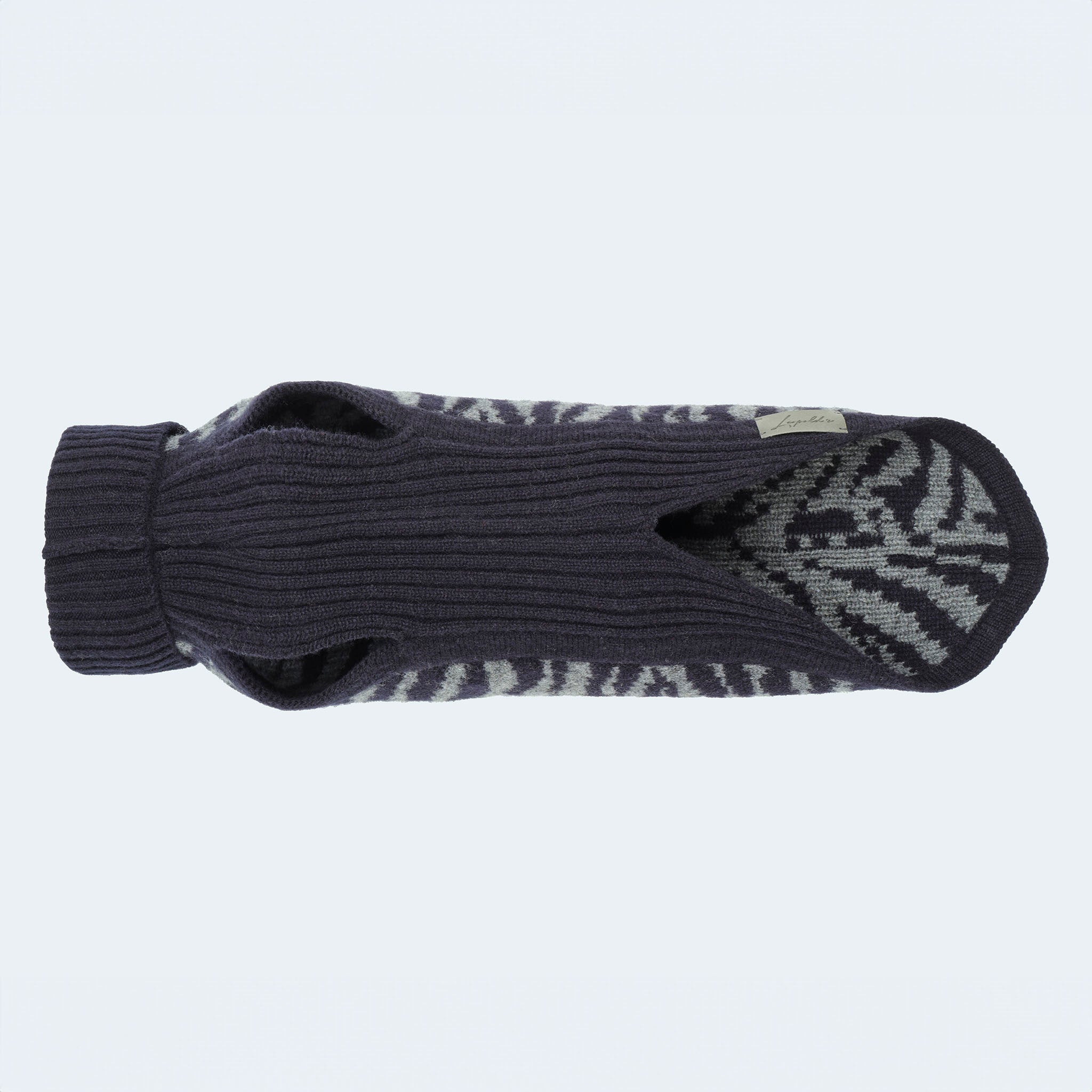 Leopold's Finest for Dogs | Hunde Strickpullover aus 100% Schurwolle mit Zebra-Muster in dunkelblau für Dackel und kleine Hunde Sicht von unten