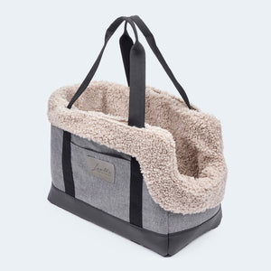 Hundetasche EasyLuxe für Dackel und kleine Hunde mit ausknöpfbarem Innenfutter aus Curly. Zwei Seitentaschen und integrierter Sicherungsleine. Niedriger Einstieg.