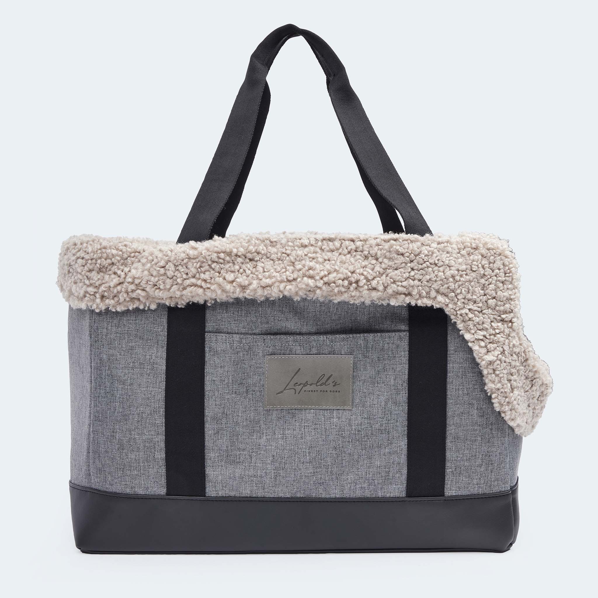 Hundetasche EasyLuxe für Dackel und kleine Hunde mit ausknöpfbarem Innenfutter aus Curly. Zwei Seitentaschen und integrierter Sicherungsleine. Ansicht von der Seite [beige]