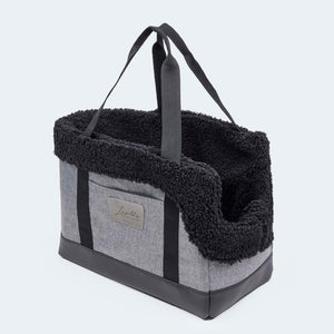 Hundetasche EasyLuxe für Dackel und kleine Hunde mit ausknöpfbarem Innenfutter aus Curly. Zwei Seitentaschen und integrierter Sicherungsleine. Niedriger Einstieg.