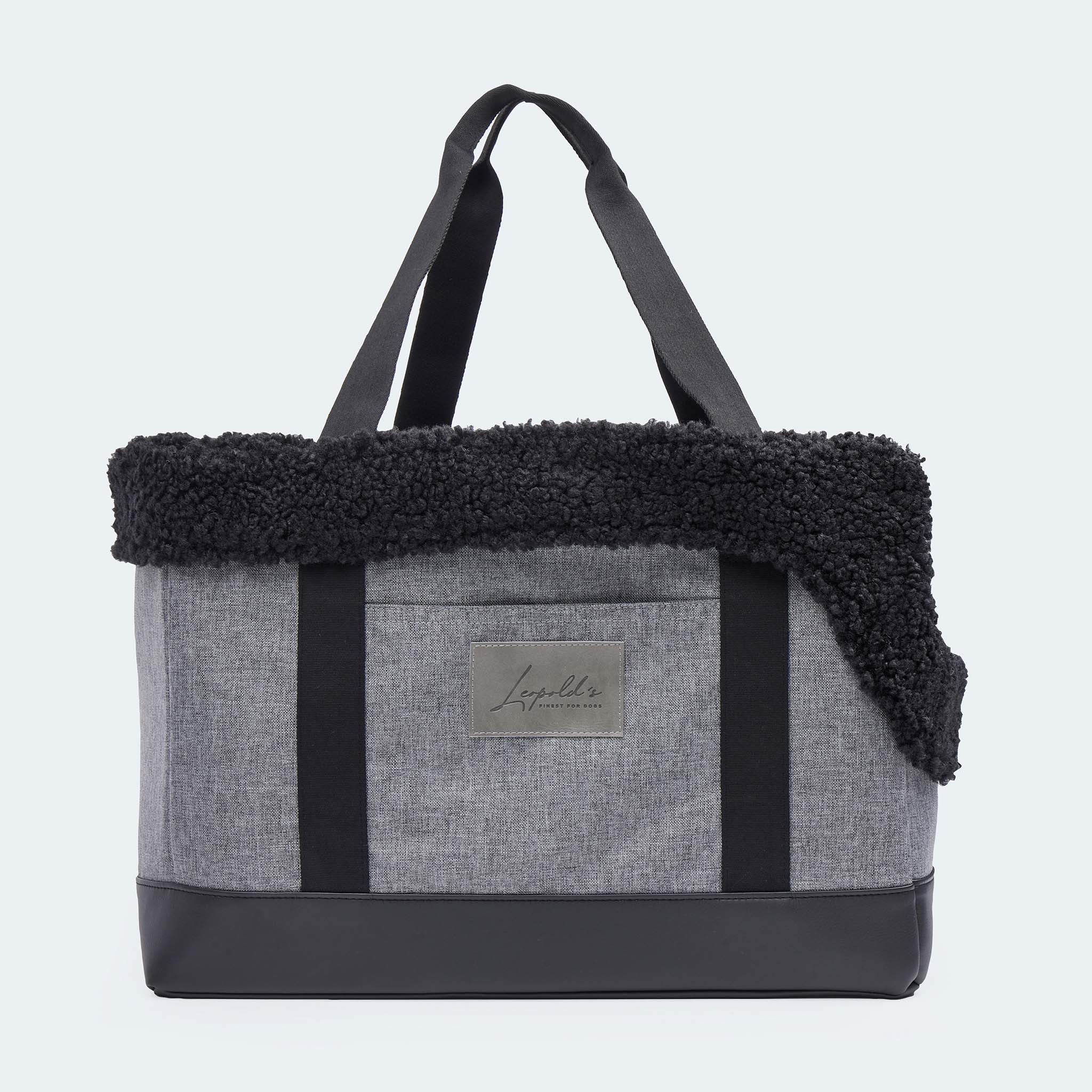 Hundetasche EasyLuxe für Dackel und kleine Hunde mit ausknöpfbarem Innenfutter aus Curly. Zwei Seitentaschen und integrierter Sicherungsleine. Seitenansicht [schwarz]