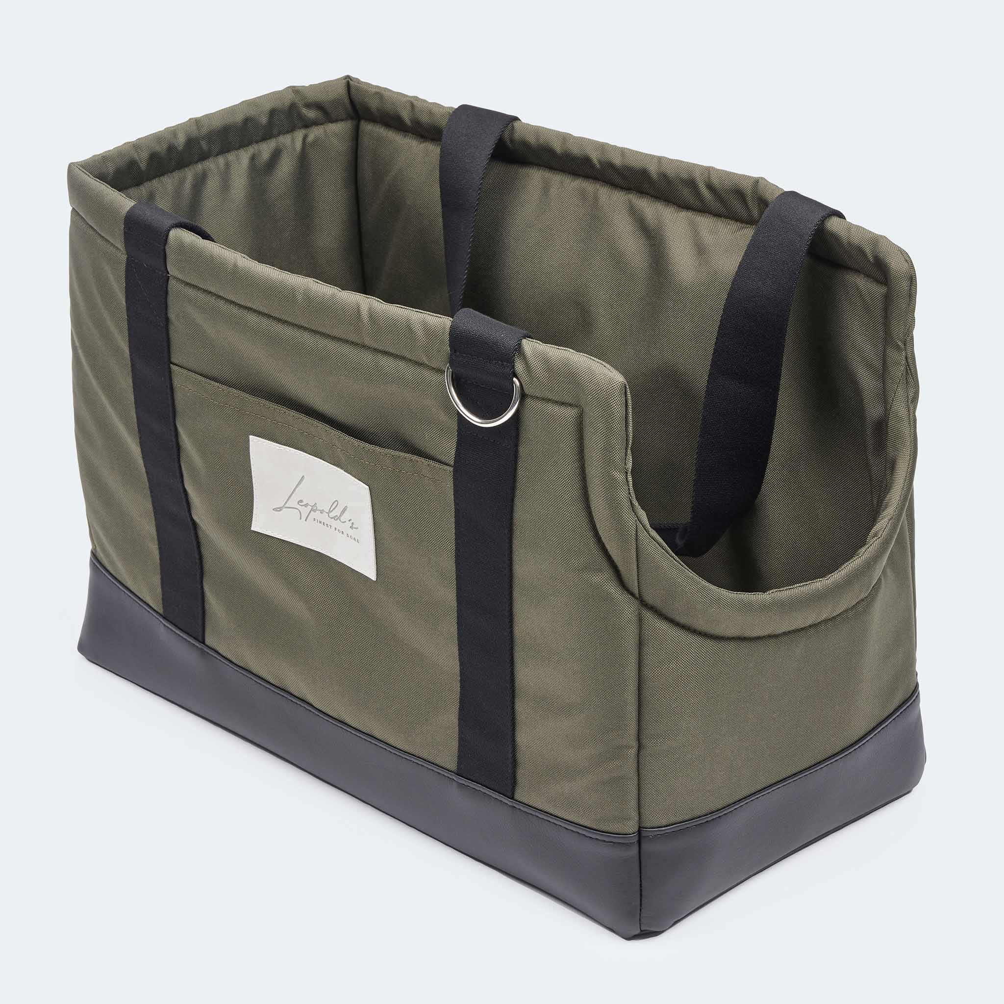 Hundetasche EasyLuxe in oliv Ansicht ohne Innenfutter. Karabiner für Leckerlibeutel. [schwarz]