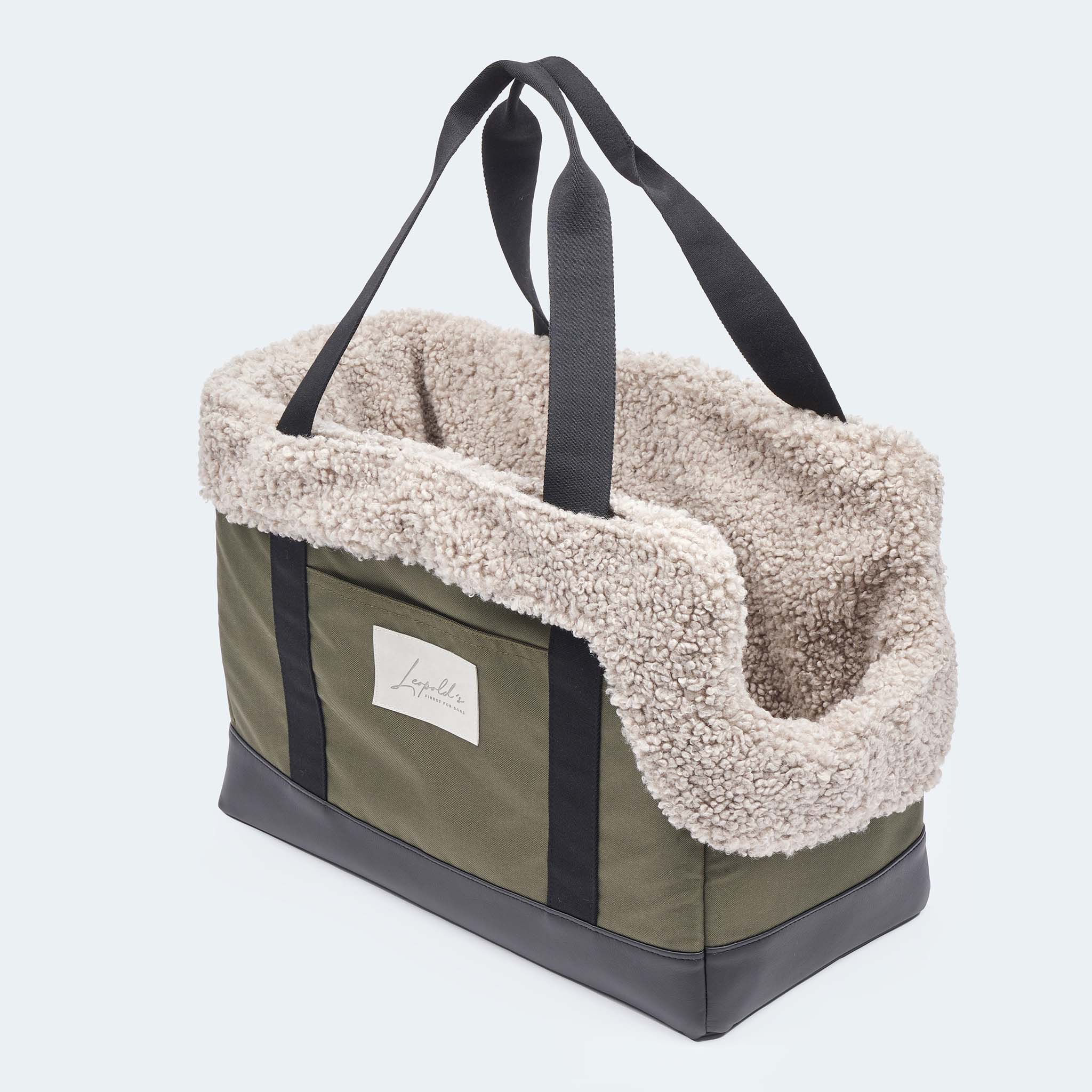 Hundetasche EasyLuxe mit beigen Curly. Seitentaschen an beiden Seiten. Seitenansicht [beige]