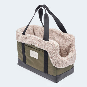 Hundetasche EasyLuxe mit beigen Curly. Seitentaschen an beiden Seiten. Seitenansicht