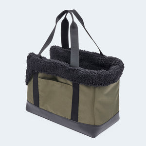 Hundetasche EasyLuxe mit schwarzem Curly. Innenfutter ausknöpfbar