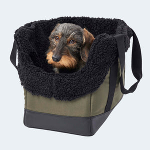 Hundetasche EasyLuxe mit schwarzem Curly mit einem Dackel. Frontansicht. 