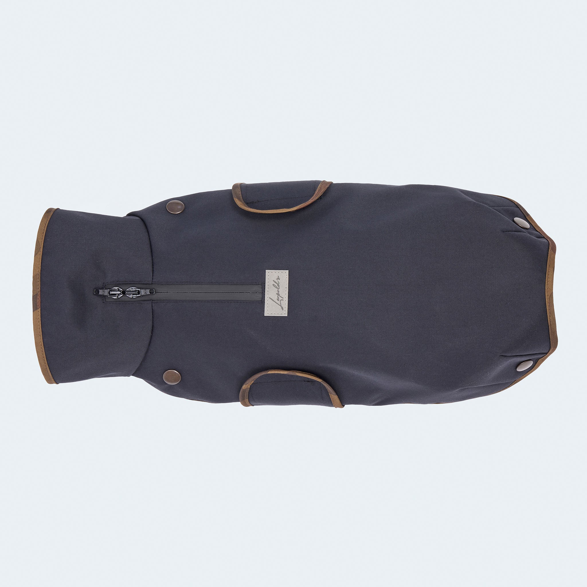 Leopold's Finest | Gefütterter
Hundewintermantel im Parka Stil in navy für Dackel und kleine Hunde. Sicht von oben